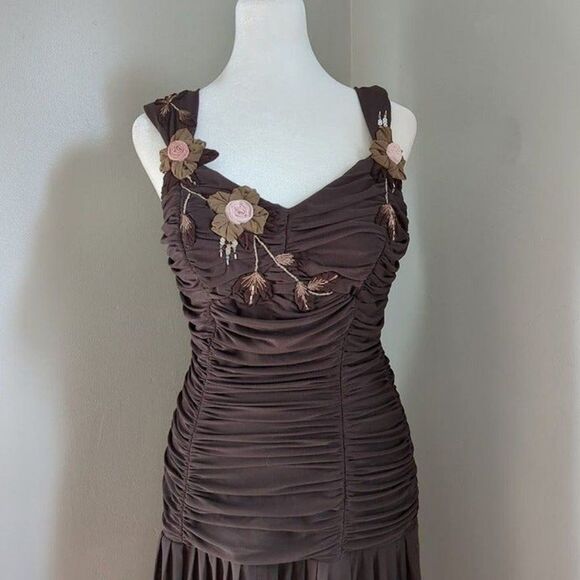 Vintage Sue Wong Mesh Dress Y2K Fairycore Drop Waist Brown Whimsygoth Size 6 - Picture 3 of 11